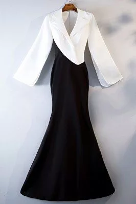 Formal Long Black And White Mermaid Dress With Suit Long Sleeve - MYS68052