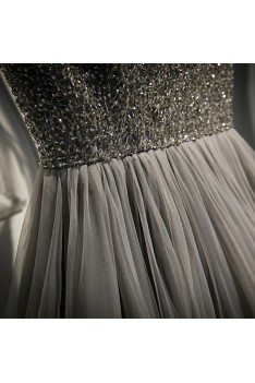 Grey Sequins Top Long Tulle Prom Dress Aline With Straps - MYS79045