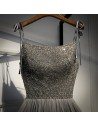 Grey Sequins Top Long Tulle Prom Dress Aline With Straps - MYS79045