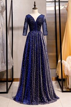 Beaded Vneck Illusion Sleeve Prom Formal Dress With Bling - MYS79081