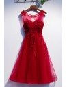 Tulle Tea Length Burgundy Formal Party Dress With Appliques - MYS79009