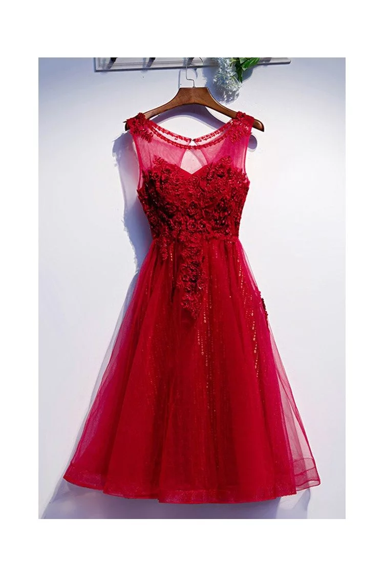 Tulle Tea Length Burgundy Formal Party Dress With Appliques - $90.9792 ...