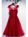 Tulle Tea Length Burgundy Formal Party Dress With Appliques - MYS79009