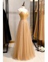 Champagne Long Tulle Prom Dress With Sequined Top - MYS78048