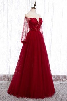 Long Tulle Burgundy Prom Party Dress With Sheer Long Sleeves - MYS78007