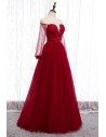 Long Tulle Burgundy Prom Party Dress With Sheer Long Sleeves - MYS78007