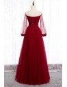 Long Tulle Burgundy Prom Party Dress With Sheer Long Sleeves - MYS78007