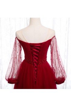 Long Tulle Burgundy Prom Party Dress With Sheer Long Sleeves - MYS78007