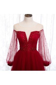 Long Tulle Burgundy Prom Party Dress With Sheer Long Sleeves - MYS78007