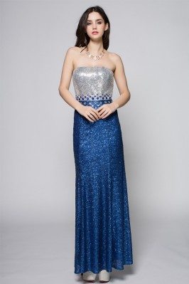 Strapless Sequin Blue Long Party Dress