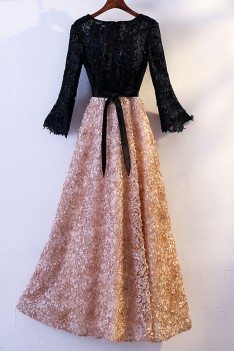 Champagne And Black Lace Long Aline Party Dress With Lace Sleeves - MYS68020