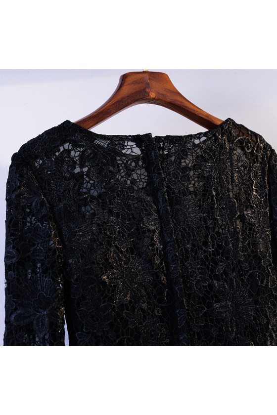 Champagne And Black Lace Long Aline Party Dress With Lace Sleeves ...