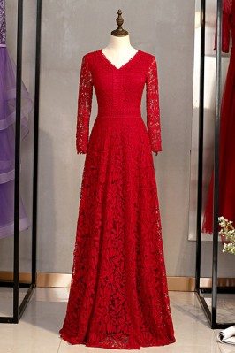 Vneck Full Lace Burgundy Red Evening Dress With Long Sleeves - MYS78081