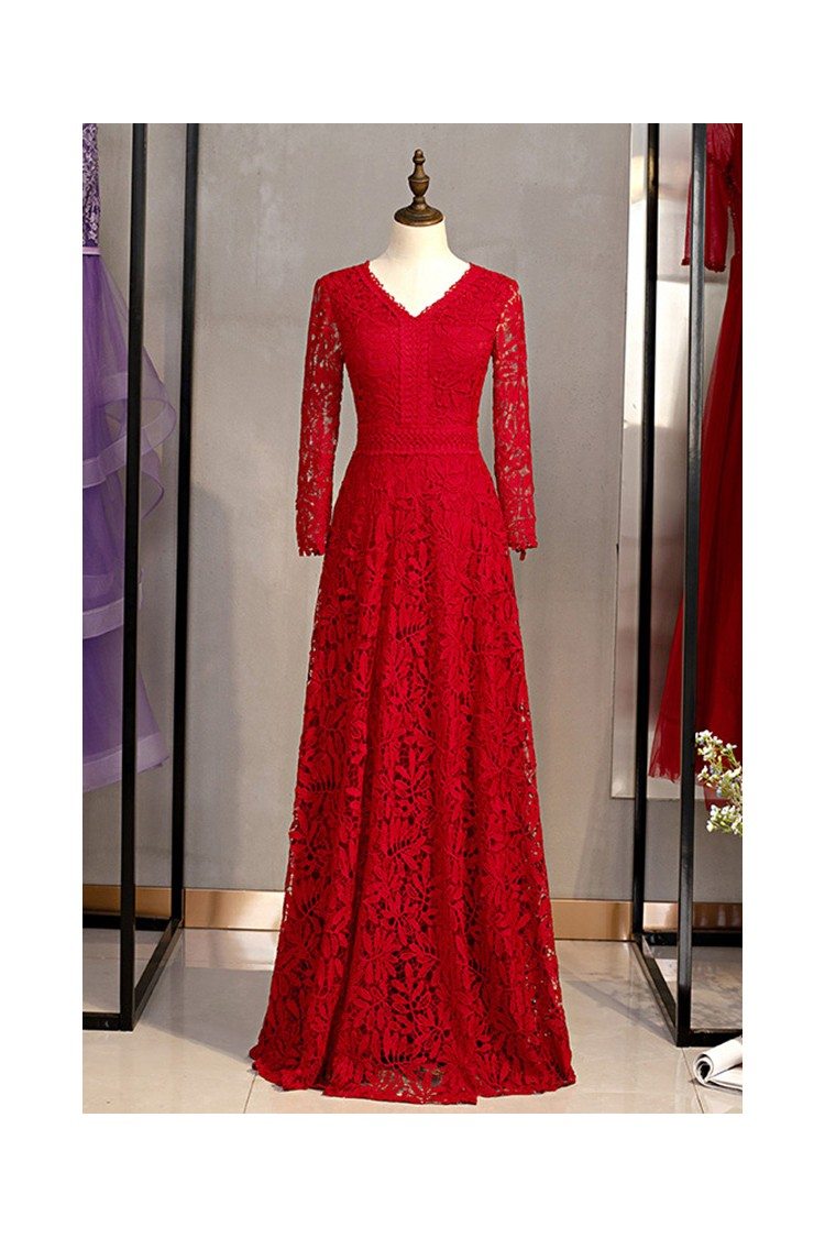 Vneck Full Lace Burgundy Red Evening Dress With Long Sleeves - $120.879 ...