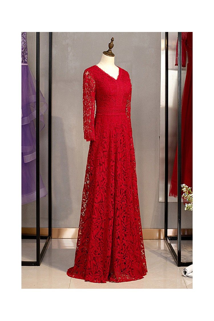 Vneck Full Lace Burgundy Red Evening Dress With Long Sleeves - $120.879 ...