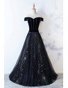 Off Shoulder Long Black Prom Dress With Embroidery Patterns - MYS68034