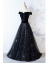Off Shoulder Long Black Prom Dress With Embroidery Patterns - MYS68034