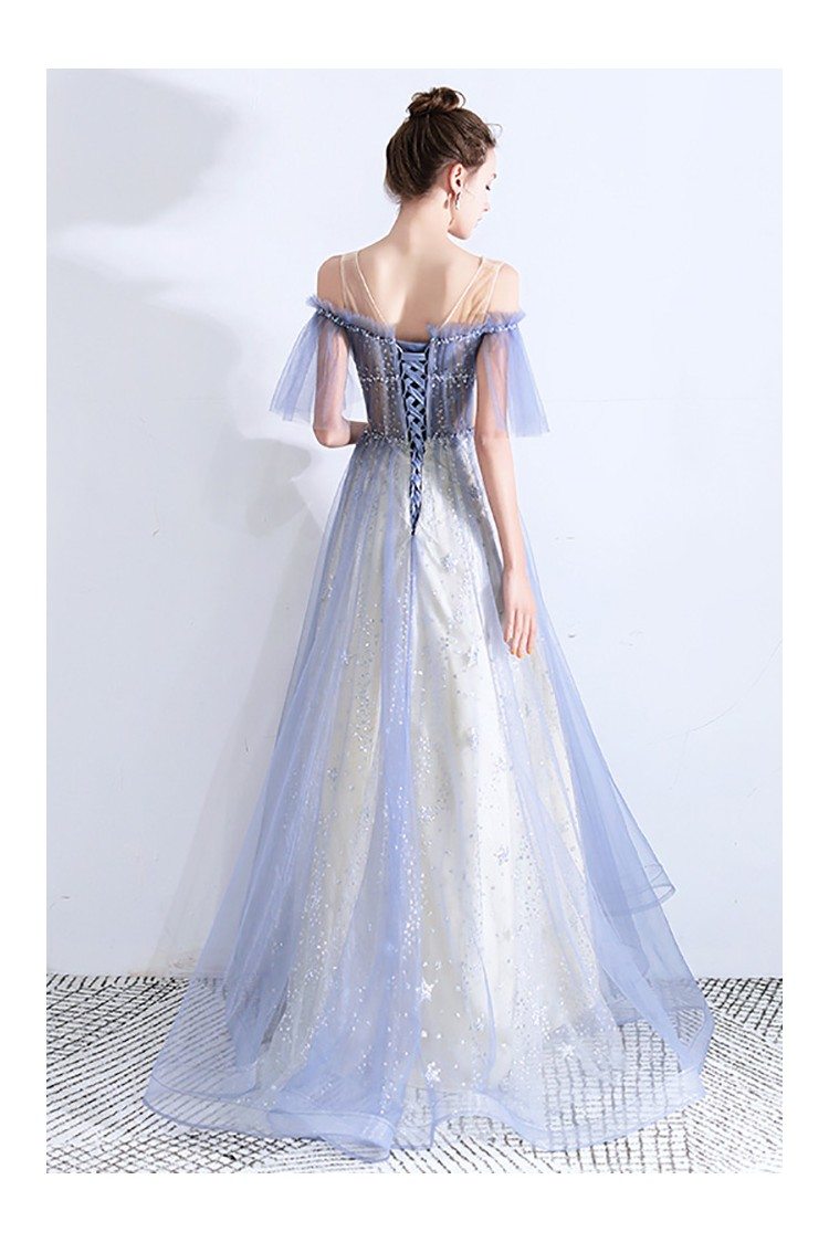 Sheer Top Blue Tulle Long Prom Dress With Sequins - $156.89 #DWS78057 ...