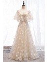 Aline Long Lace Champagne Party Prom Dress With Cape - MYS67001