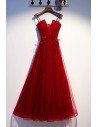 Burgundy Long Tulle Lace Prom Dress Aline With Straps - MYS67030