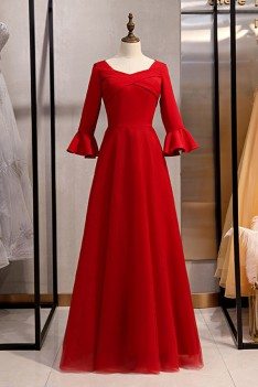 Burgundy Long Red Satin Evening Formal Dress With Flare Sleeves - MYS79071