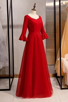 Burgundy Long Red Satin Evening Formal Dress With Flare Sleeves - MYS79071