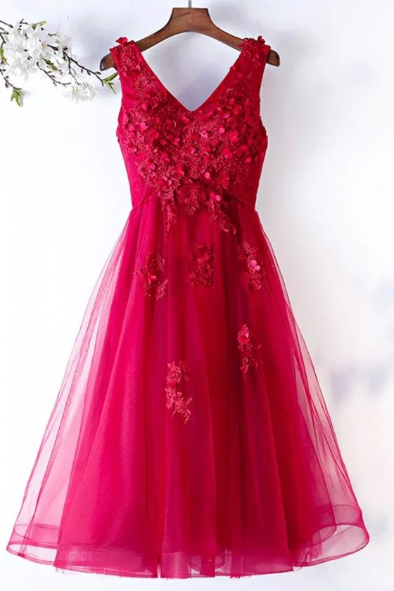 Cute Tea Length Tulle Party Dress Vneck With Flowers Petals - $90.9792 ...