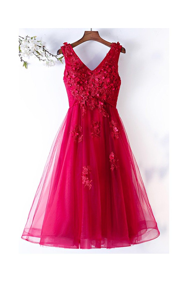 Cute Tea Length Tulle Party Dress Vneck With Flowers Petals - $90.9792 ...