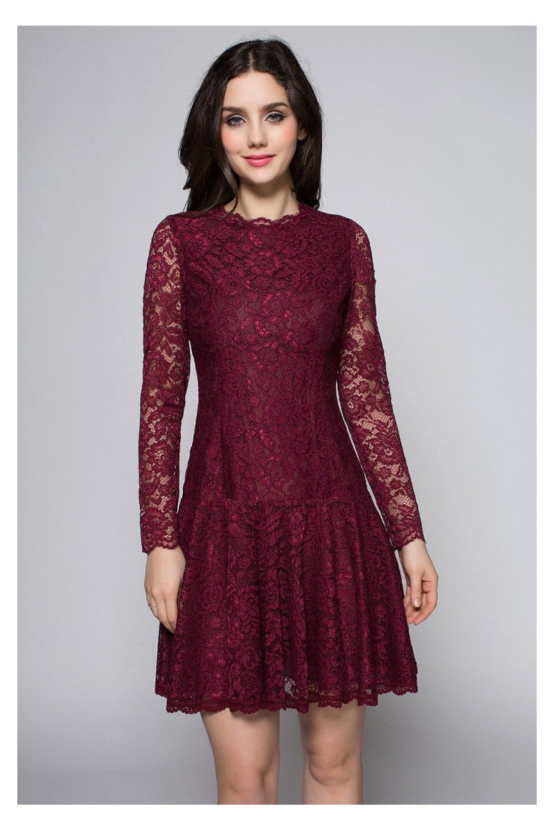 Burgundy Long Sleeve Lace Party Dress - $73 #DK254 - SheProm.com