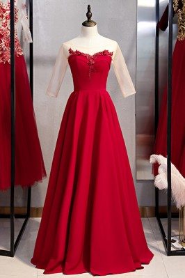 Long Red Burgundy Evening Dress With Illusion Neckline - MYS79085