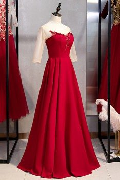 Long Red Burgundy Evening Dress With Illusion Neckline - MYS79085