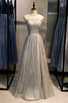 Long Grey Silver Sequins Prom Dress Sparkly With Bling - MYS79042