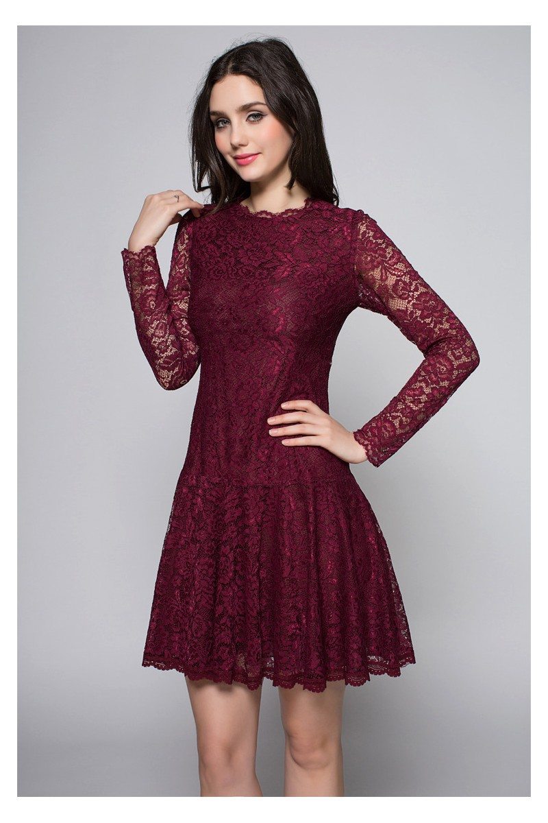 Burgundy Long Sleeve Lace Party Dress - $68.62 #DK254 - SheProm.com