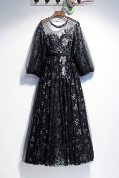 Embroidery Long Black Formal Dress With Sheer Lace Sleeves - MYS78020