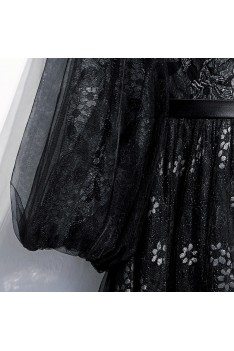 Embroidery Long Black Formal Dress With Sheer Lace Sleeves - MYS78020