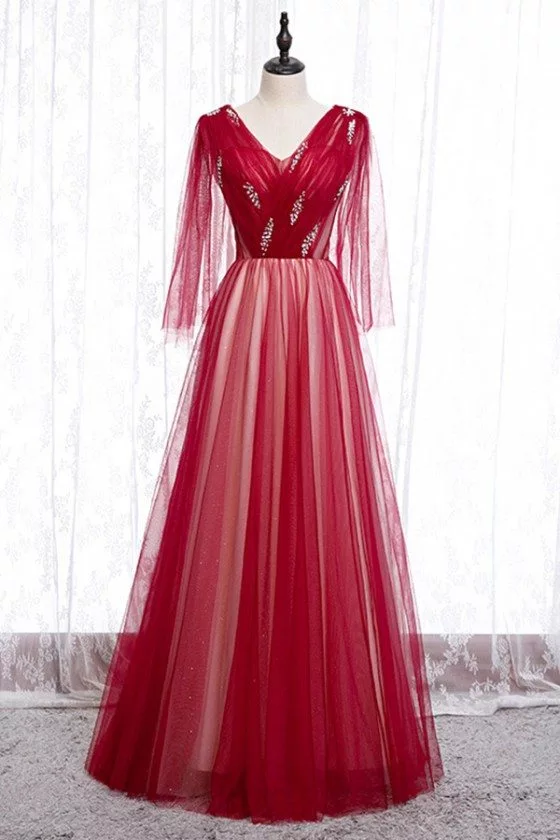 Flowy Long Red Tulle Prom Dress Vneck With Puffy Sleeves - MYS78005