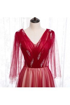 Flowy Long Red Tulle Prom Dress Vneck With Puffy Sleeves - MYS78005