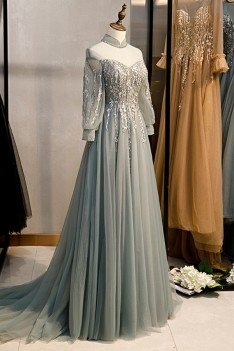 Long Grey Flowy Tulle Prom Dress With Appliques - MYS78049