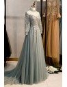 Long Grey Flowy Tulle Prom Dress With Appliques - MYS78049