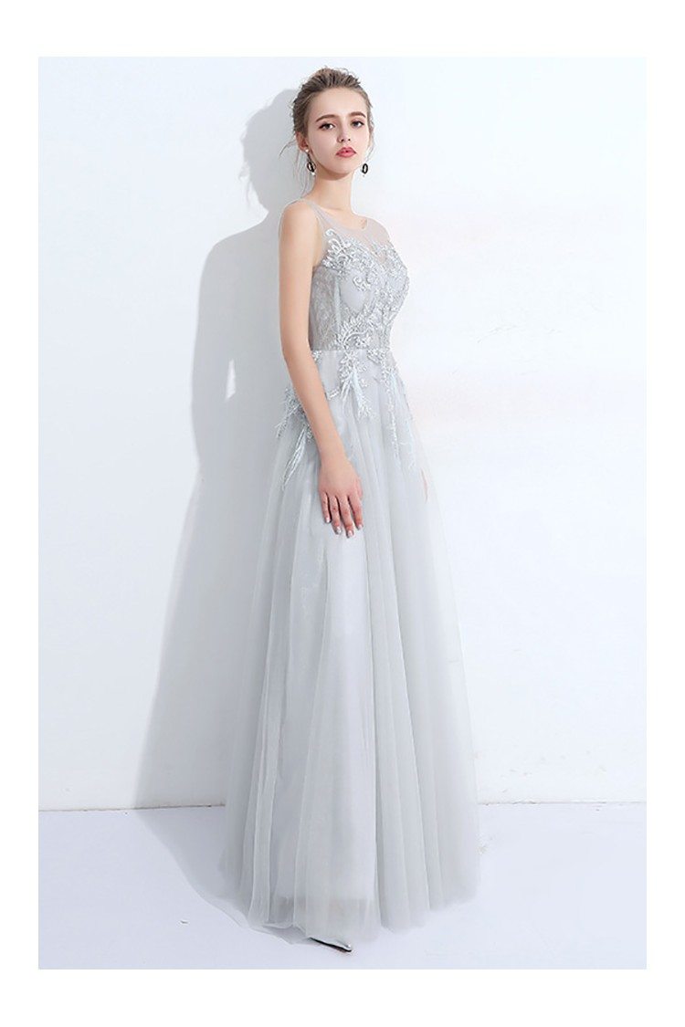 Flowy Grey Tulle Elegant Prom Dress Lace With Sheer Neckline - $110.89 ...