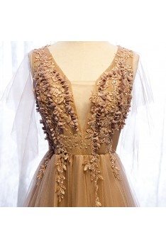 Elegant Brown Gold Long Tulle Prom Dress Flowy With Train - MYS69065