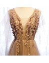 Elegant Brown Gold Long Tulle Prom Dress Flowy With Train - MYS69065