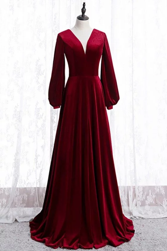 Burgundy Long Evening Velvet Dress Vneck With Sleeves - $126.379 # ...