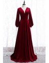 Burgundy Long Evening Velvet Dress Vneck With Sleeves - MYS78042
