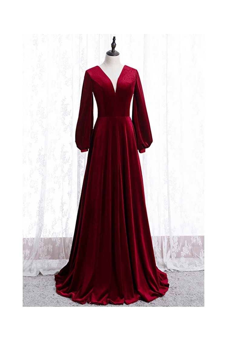 Burgundy Long Evening Velvet Dress Vneck With Sleeves - $126.379 # ...