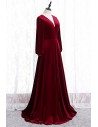 Burgundy Long Evening Velvet Dress Vneck With Sleeves - MYS78042