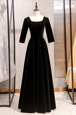 Simple Long Black Velvet Formal Dress Retro With Square Neck - MYS79076