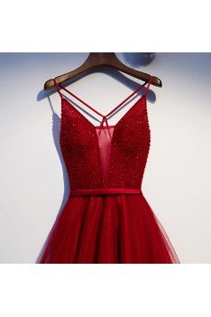 Burgundy Sexy Open Back Sequins Long Prom Dress - MYS67025