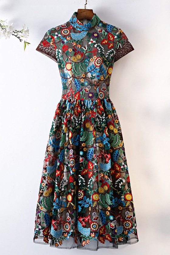 Unique Exotic Tea Length Party Dress Colorful Pattern With Collar ...