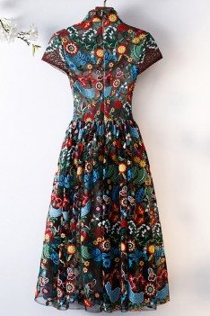 Unique Exotic Tea Length Party Dress Colorful Pattern With Collar - MYS68003